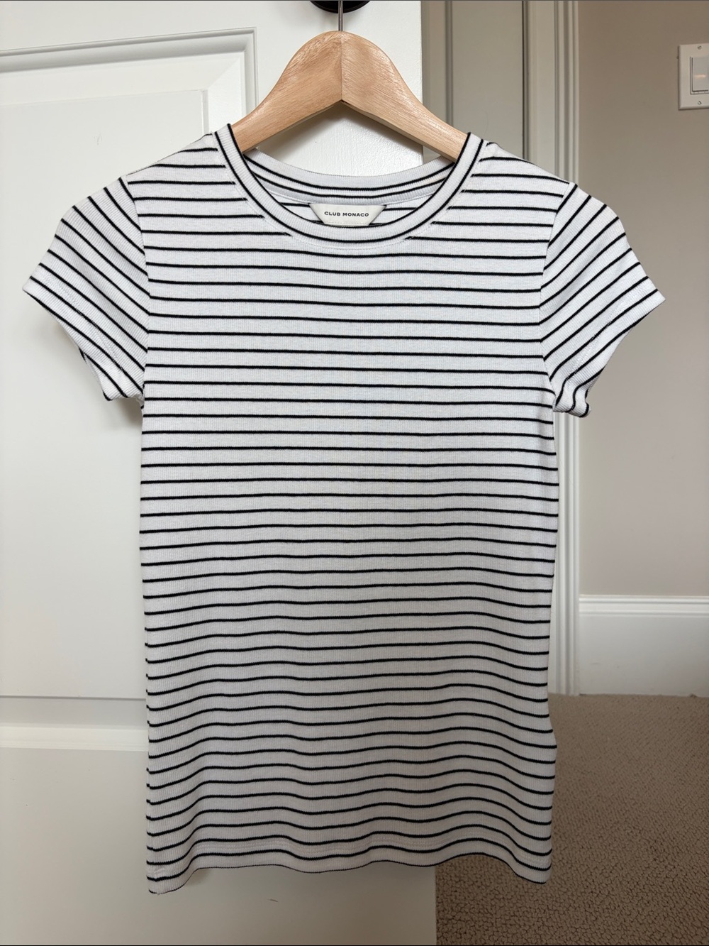 Club Monaco Black & White Striped Crewneck Tee